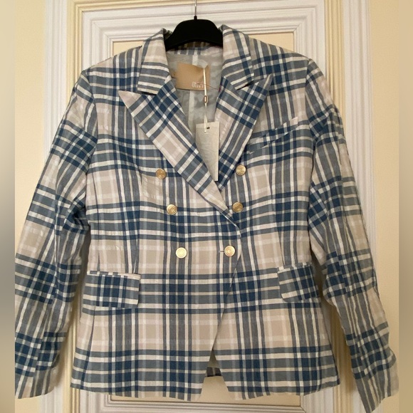 Olivvi NWT Cream and Blue Fitted Plaid Blazer  Jacket ,Gold Logo Button ,Size L - Picture 8 of 13